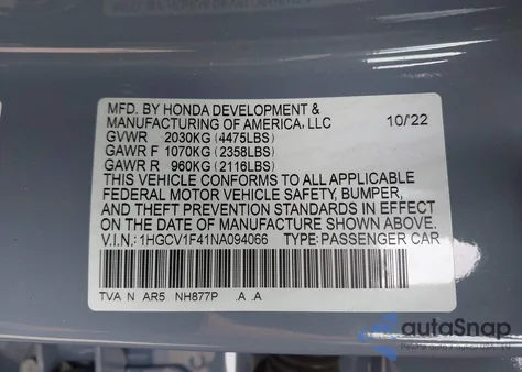 2022 Honda Accord Sport Special Edition из США, поврежденный, VIN 1HGCV1F41NA094066